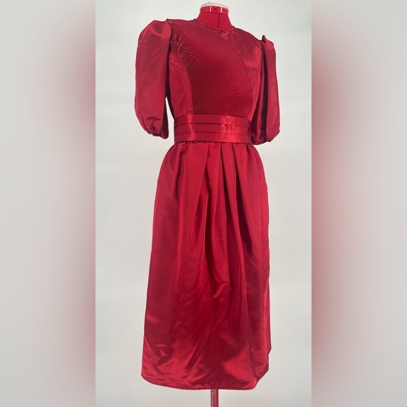 Rare 1980s Ruby Red Donna Morgan Satin Puff Sleeve Cocktail Dress - Picture 3 of 16
